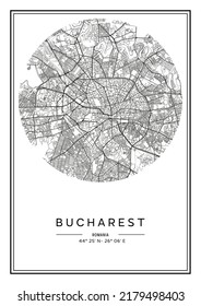 Black and white printable Bucharest city map, poster design, vector illistration.