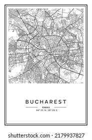 Black and white printable Bucharest city map, poster design, vector illistration.