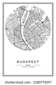 Schwarz-Weiß druckbare Budapester Stadtplan, Plakatdesign, Vektorgrafik.