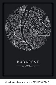 Schwarz-Weiß druckbare Budapester Stadtplan, Plakatdesign, Vektorgrafik.