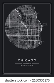 Black and white printable Chicago city map, poster design, vector illistration.