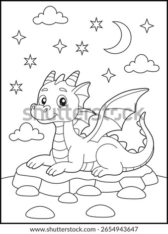 Black and white printable dragon coloring pages for kids. Children's coloring books with cute dragon cartoon character, fun and educational activity sheet for kindergarten.
