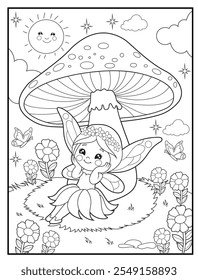 Black and white printable fairy coloring pages for kids. Children's coloring books with cute fairy cartoon character, fun and educational activity sheet for kindergarten.
