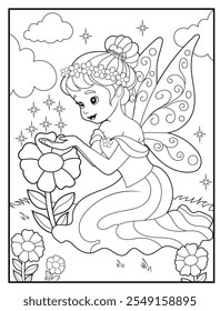 Black and white printable fairy coloring pages for kids. Children's coloring books with cute fairy cartoon character, fun and educational activity sheet for kindergarten.
