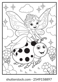 Black and white printable fairy coloring pages for kids. Children's coloring books with cute fairy cartoon character, fun and educational activity sheet for kindergarten.
