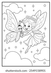 Black and white printable fairy coloring pages for kids. Children's coloring books with cute fairy cartoon character, fun and educational activity sheet for kindergarten.
