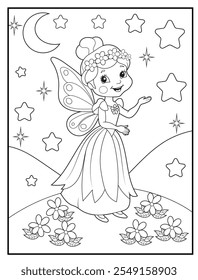 Black and white printable fairy coloring pages for kids. Children's coloring books with cute fairy cartoon character, fun and educational activity sheet for kindergarten.
