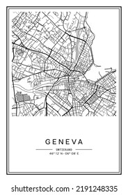 Black and white printable Geneva city map, poster design, vector illistration.