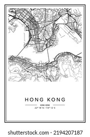 Black and white printable Hong Kong city map, poster design, vector illistration.