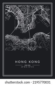 Black and white printable Hong Kong city map, poster design, vector illistration.