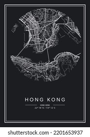 Black and white printable Hong Kong city map, poster design, vector illistration.