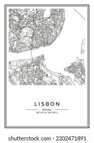 Black and white printable Lisbon city map, poster design, vector illistration.