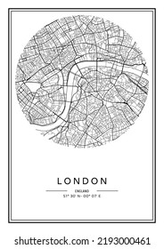 Black and white printable London city map, poster design, vector illistration.