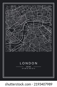 Black and white printable London city map, poster design, vector illistration.