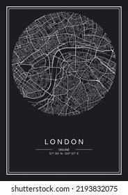 Black and white printable London city map, poster design, vector illistration.