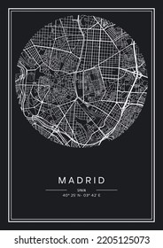 Black and white printable Madrid city map, poster design, vector illistration.