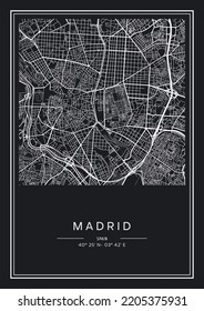 Black and white printable Madrid city map, poster design, vector illistration.