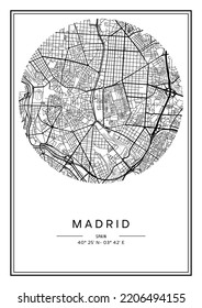 Black and white printable Madrid city map, poster design, vector illistration.