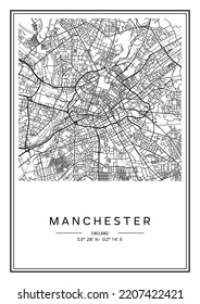 Mapa de la ciudad de Manchester en blanco y negro, diseño de afiches, listración vectorial.