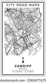 Black and white printable map of Cardiff city Wales banner poster design, vector illustration	
