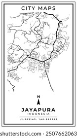 Black and white printable map of Jayapura city Indonesia banner poster design, vector illustration