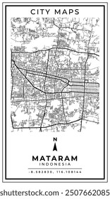 Mapa imprimible en blanco y negro de la ciudad de Mataram Indonesia diseño de póster de Anuncio, Ilustración vectorial