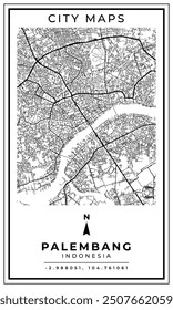 Black and white printable map of Palembang city Indonesia banner poster design, vector illustration