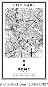 Schwarz-Weiß druckbare Karte von Rom Stadt Italien Banner Poster Design, Vektorgrafik