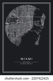 Mapa de la ciudad de Miami en blanco y negro, diseño de afiches, listración vectorial.