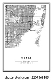 Black and white printable Miami city map, poster design, vector illistration.