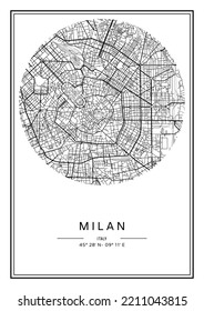 Black and white printable Milan city map, poster design, vector illistration.