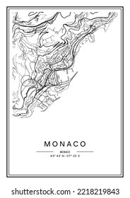 Black and white printable Monaco city map, poster design, vector illistration.