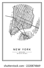 Mapa de la ciudad de Nueva York en blanco y negro, diseño de afiches, listración de vectores.