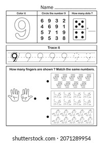 Schwarz-Weiß-Zahlenblatt-Handout für Kindergartendesign, um Schülerinnen und Schüler in der Praxis zu unterrichten, das Zählen und Lernen zu schreiben. Nummer 9.