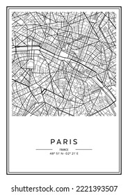 Black and white printable Paris city map, poster design, vector illistration.