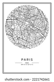 Schwarz-Weiß-Stadtplan von Paris, Plakatdesign, Vektorgrafik.