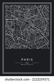 Black and white printable Paris city map, poster design, vector illistration.