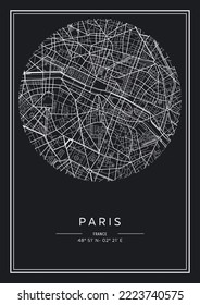 Black and white printable Paris city map, poster design, vector illistration.