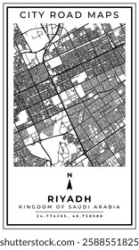 Black and white printable road map of Riyadh city Kingdom Saudi Arabia banner poster design with coordinate position location, vector illustration