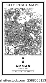 Black and white printable road map of Amman city Jordan banner poster design with coordinate position location, vector illustration