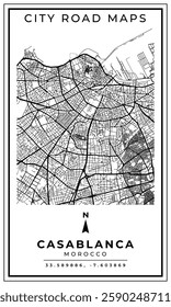 Black and white printable road map of Casablanca city Morocco banner poster design with coordinate position location, vector illustration