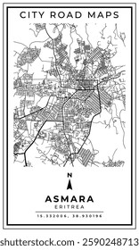 Black and white printable road map of Asmara city Eritrea banner poster design with coordinate position location, vector illustration