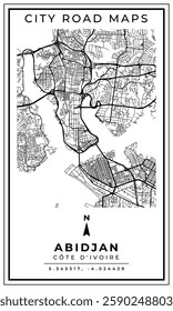 Black and white printable road map of Abidjan city Côte d'Ivoire banner poster design with coordinate position location, vector illustration
