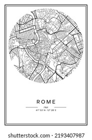 Black and white printable Rome city map, poster design, vector illistration.