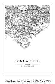 Mapa de la ciudad de Singapur en blanco y negro, diseño de afiches, listración de vectores.