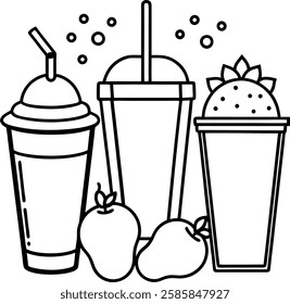 Black and white printable smoothie and bubble tea coloring page for kids