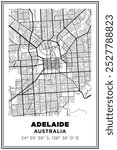 Black and white printable Street map art Adelaide city, Australia. Travel poster with coordinates, poster design, Modern Poster Wall Art Home Decor Ready to Printable