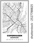 Black and white printable Street map art Copenhagen city, Denmark. Travel poster with coordinates, poster design, Modern Poster Wall Art Home Decor Ready to Printable