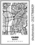 Black and white printable Street map art Cairo city, Egypt. Travel poster with coordinates, poster design, Modern Poster Wall Art Home Decor Ready to Printable