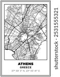 Black and white printable Street map art athens city, Greece. Travel poster with coordinates, poster design, Modern Poster Wall Art Home Decor Ready to Printable